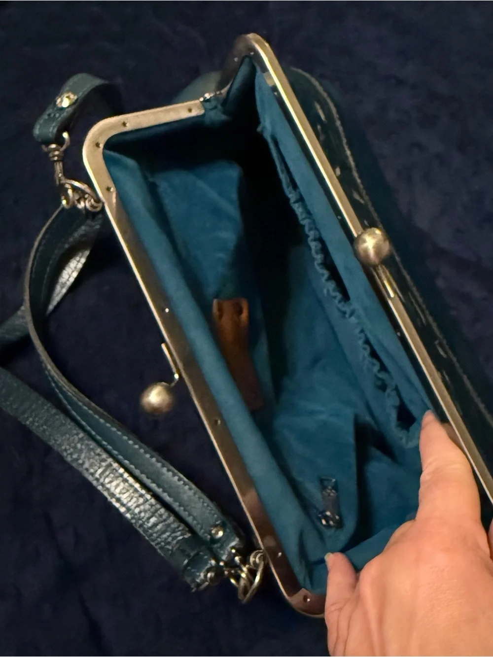 Patricia Nash Teal Floral Tooled Leather Frame Clutch